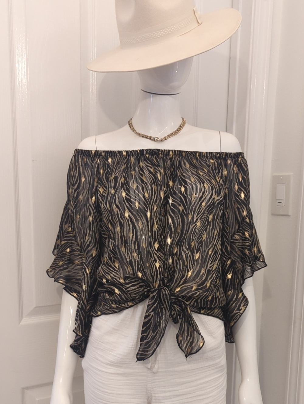 Tyche Black and Gold Abstract Tie-Front Off-Shoulder Sheer Top L